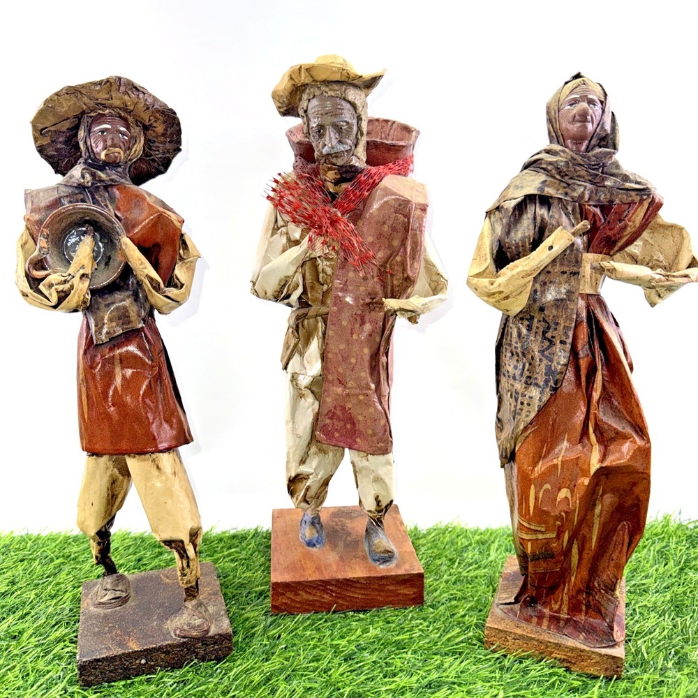 Vintage Mexican Folk Art Paper Mache Figures Set of 3 Handmade 13" Dolls